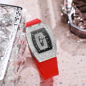 Tonneau-shaped quartz watch with red silicone strap and crystal-encrusted bezel for women