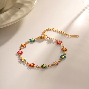 Ethnic style gold titanium steel bracelet with colorful enamel daisy flower charms