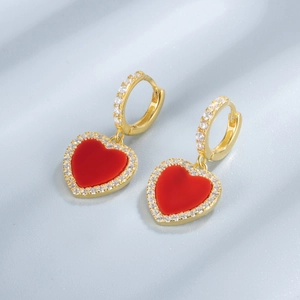 925 silver heart drop earrings in gold finish with red malachite and sparkling crystals