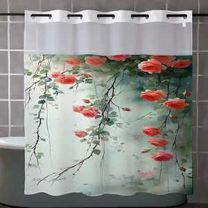 Detail of floral shower curtain with pink watercolor roses and green leaf pattern