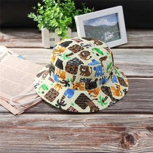 Kids beige sun bucket hat with cartoon animal prints and white adjustable wind cord