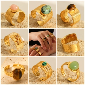 Vintage Natural Stone Stainless Steel Open Ring Women Waterproof Gold Plated Adjustable Bohemian French Retro Jewelry