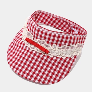 Red and white gingham open top sun hat with lace trim and a cute red bow decoration