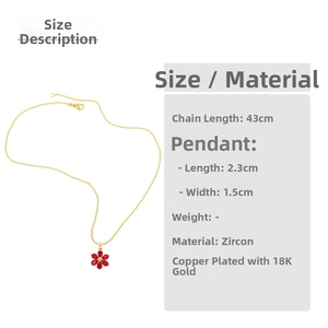 Size chart showing 43cm 18K gold plated chain with a red zircon flower pendant