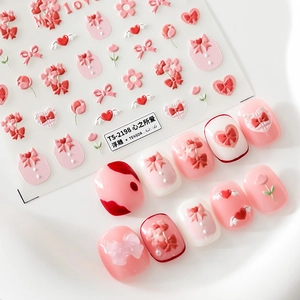Stickers Ongles 5D Relief Autocollants 3D Coeur Noeud Fleurs Design Manucure DIY Décoration PET Auto-Adhésif