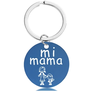 Detail of blue stainless steel keychain pendant with Mi Mama text and mother icon