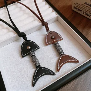Retro fishbone leather necklaces in black and brown, set of 2 vintage jewelry pieces