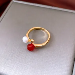 Süßwasserperle Roter Achat Offener Ring Vergoldetes Kupfer Unregelmäßige Welle Verstellbarer Retro Schmuck Damen