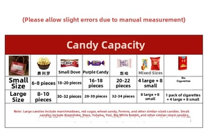Wedding candy box size guide showing capacity for Ferrero and Dove chocolates