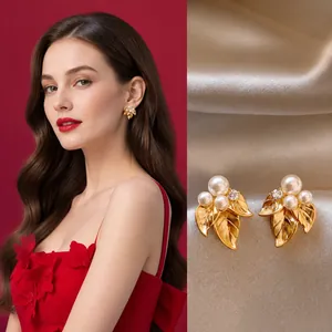Leaf Stud Earrings Alloy Imitation Artificial Pearl Rhinestone With Silver Earring Post French Vintage Elegant Jewelry Women