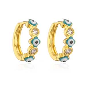 18K gold plated hoop earrings with blue evil eye patterns and clear zircon stones
