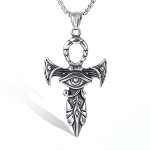 Polished silver stainless steel Eye of Horus and Ankh cross pendant necklace
