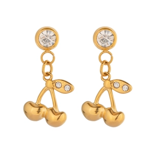 Detailed close-up of golden cherry earrings with sparkling crystals on white background