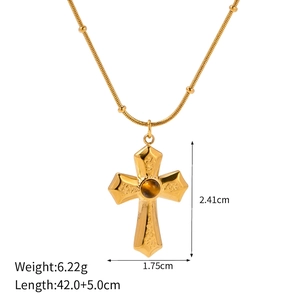 Collier croix vintage en acier inoxydable doré avec pierre oeil de tigre