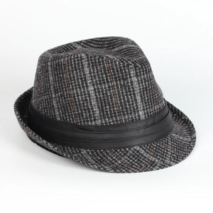 Classic gray plaid wool fedora hat with a black leather decorative band for men and women
