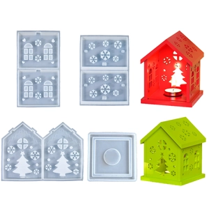 Juego de moldes de silicona DIY para portavelas de casa de Navidad con copos de nieve y pinos