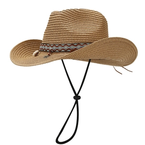 Cappello da cowboy in paglia bohémien con fascia in conchiglia e cordino regolabile