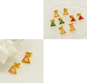 Detailed views of gold-plated triangle earrings with colorful cubic zirconia and bead edges