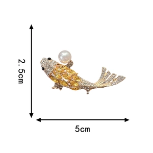 Detailed view of koi fish brooch with size dimensions 2.5cm by 5cm on white background
