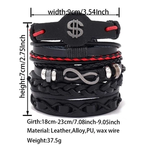 Detail of multi-layer leather bracelet with dollar and infinity symbols and dimensions