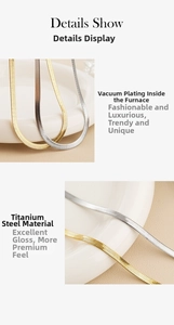 Detail showing vacuum-plated titanium steel flat snake chain in gold and silver finish