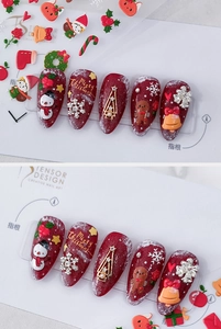Detail of Christmas 3D nail art stickers with snowman, tree and gingerbread ornaments