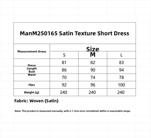 Detaillierte Größentabelle für Satin-Kurzkleid mit Brust-, Taillen- und Längenangaben