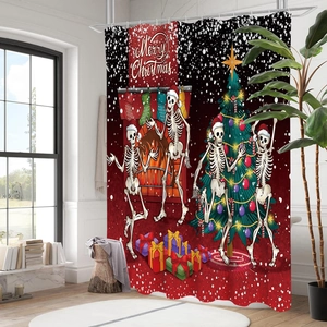 Detail of waterproof polyester shower curtain with dancing Christmas skeleton and tree
