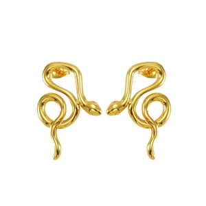 Detailed view of polished gold stainless steel earrings in a unique snake-shaped design