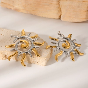 Boucles d'oreilles soleil en acier inoxydable or 18K avec spirale bicolore chic
