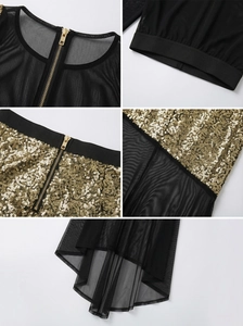 Detailed close-up of golden sequins on black mesh fabric with a premium metal zipper
