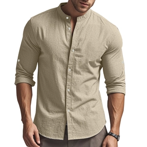 Detailed view of khaki cotton shirt featuring a stand collar and textured fabric finish