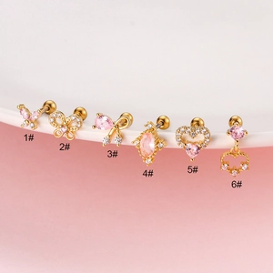 Heart Butterfly Pink Zircon Ear Bone Studs Cartilage Piercing Jewelry With Stainless Steel Post Copper Screw Back