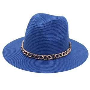 Mode Fedora Strohhut Mit Breiter Krempe Goldener Acrylkette Dekoration Panama Strand Sonnenhut Für Sommer Damen Herren Jazz Kappe
