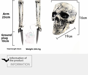 Detailed size specifications for the glowing Halloween skull and bone hands garden stakes