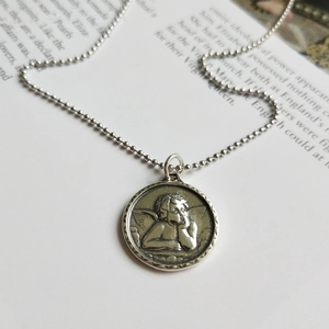 Guardian Angel Cherub Pendant Necklace 925 Sterling Silver Vintage Distressed Round Medallion Fine Jewelry For Women