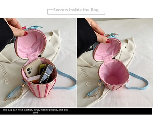 Detail of pink striped cylinder bag capacity showing phone and lipstick fit