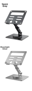 Dual aluminum rotating stands in space gray and silver with 360-degree swivel base