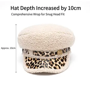 Beige faux fur military cap with leopard print brim and metal M detail, 10cm depth