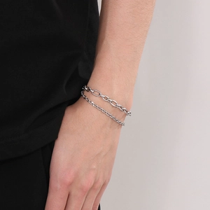 Detail of silver double-layer titanium steel chain bracelet worn on wrist with metal links