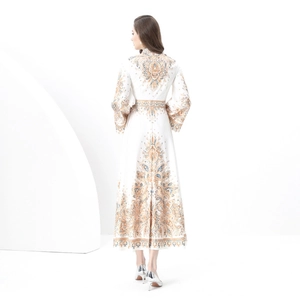 Retro court-style floral maxi dress with stand collar and long sleeves in ivory print