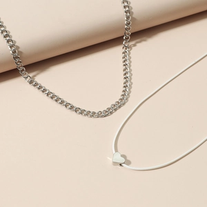 Minimalist double layer necklace set with silver heart pendant and white leather cord
