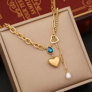 Stainless Steel Necklace With Heart And Blue Water Drop Pendant Artificial Pearl Fashion Choker Jewelry For Women