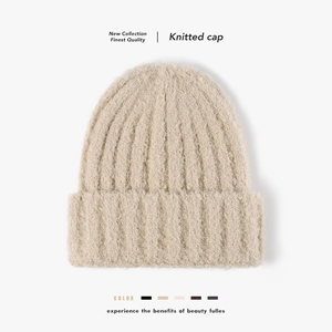 Winter Knitted Beanie Hat Thickened Fluffy Thermal Outdoor Cold Weather Nylon Solid Color Ribbed Cuff Cap Unisex