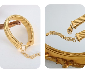 Macro shot of gold-plated snake chain bracelet with lobster clasp and extension chain
