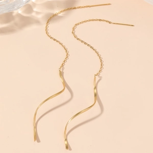 Elegant gold titanium steel long tassel wave threader earrings for women in minimalist style