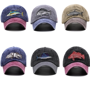 Set of 6 vintage washed cotton fishing baseball caps with detailed fish embroidery