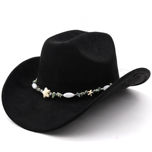 Black faux suede western cowboy hat with seashell and bead decoration in 45-degree view
