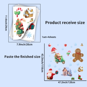 Detail showing dimensions and 4-sheet layout of Christmas Santa window static stickers