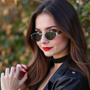 Close-up of frameless hexagon sunglasses with diamond-cut edges and gold metal bridge
